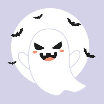Cute ghost cartoon character posing scary floating in front of full moon vector