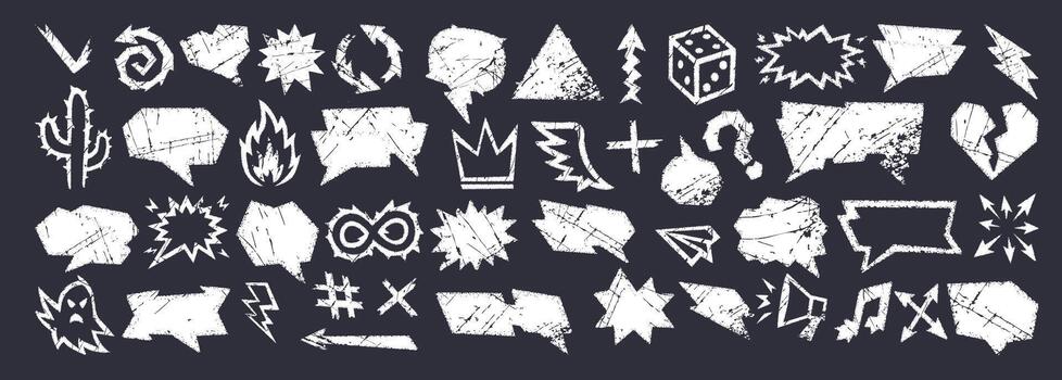 Crayon talk speech bubble with crayon text box and doodle chalk balloon designed in rough chalkboard . Crayon talk set contains scratched icons, arrows, signs, clouds and chat frames. vector