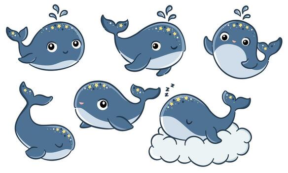 A set of illustrations in a simple children's style with outlines. Cute, friendly whales in different poses, swimming and sleeping on a cloud with stars on a white background. vector