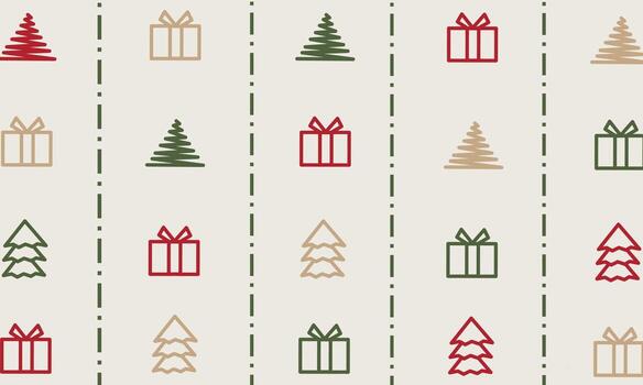 Minimalist pattern with gift boxes and pine tree symbols in line art style featuring alternating dashed lines and a soft beige, green, and red color palette vector