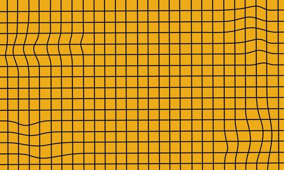 Abstract geometric background of yellow distorted grid pattern with wavy square lines in pop art style creating optical illusion effect on empty surface vector