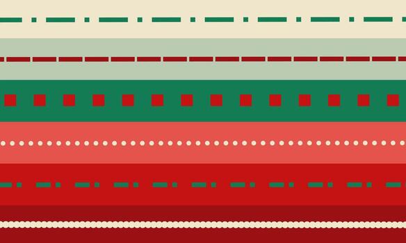 Abstract winter background with multiple horizontal broken line patterns in red green and cream colors creating traditional woven design texture for festive textile stripe style vector