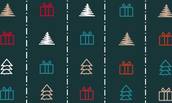 Minimalist winter pattern with pine trees and gift box elements in line art style featuring alternating dashed lines and a dark green, red, and white color palette vector