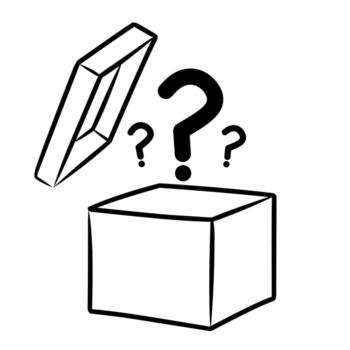 Open mystery box with three question marks in sketch drawing style illustration symbolizing surprise gift secret reward and unknown object concept for abstract business design vector