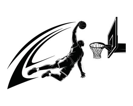 Dynamic silhouette of a basketball player performing a powerful slam dunk with motion lines and a hoop vector