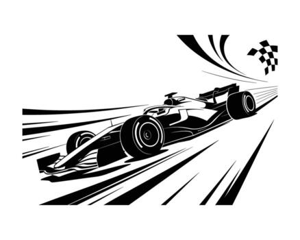 Dynamic black and white illustration of a formula 1 racing car speeding towards the finish line with motion blur vector