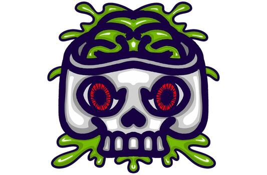 Artwork of a Skull with an Open Head Showing Its Brain Part in Green with some Green paint splashes around it for a halloween theme vector