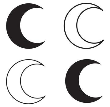 Set of four crescent moon illustrations displaying different styles and black and white appearance vector