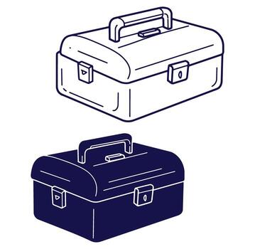 Two minimalist toolbox illustrations in monochrome outline with handle and latches vector