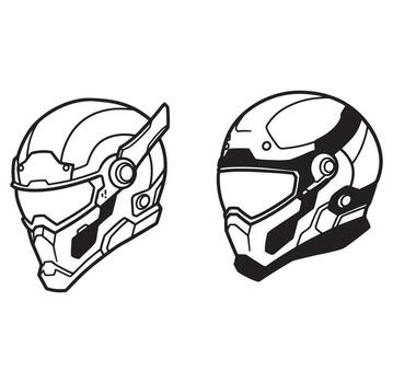 Two futuristic helmet designs in outline style perfect for sci-fi and technological concepts vector