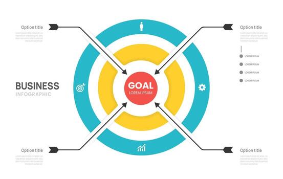 Business infographic template. Arrow target chart 4 steps options, presentation with icon illustration. vector