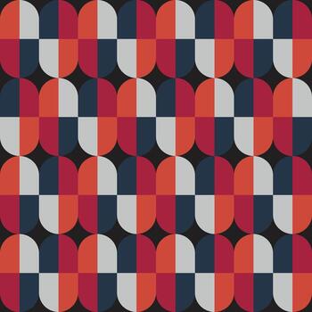 A vibrant geometric pattern featuring alternating oval shapes in red, gray, and navy blue on a dark background repeating surface design. vector