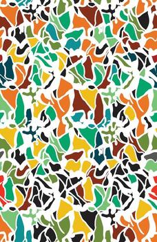 A vibrant repeat abstract pattern featuring overlapping shapes in orange, green, turquoise, brown, and black against a white background. vector