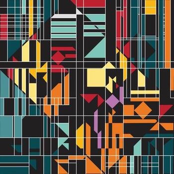 resumen geométrico modelo con vistoso rectángulos, cuadrícula, y triangulos en un negro fondo, segmentario por blanco líneas, creando un moderno y vibrante diseño. vector