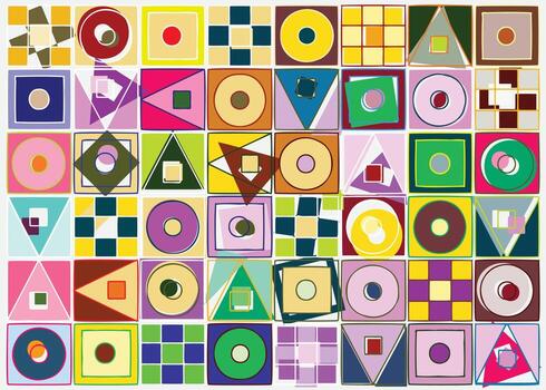 Modern artistic composition with geometric elements, Colorful geometric art pattern featuring abstract shapes, vibrant colors like red, blue, green, and black, and a decorative border design. vector