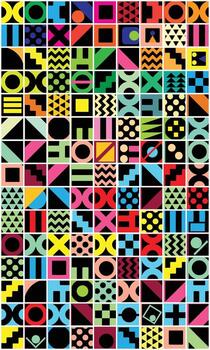 Modern art mosaic with vibrant shapes, including circles, squares, triangles, and lines, set against a black background, geometric pattern featuring a grid of colorful abstract designs. vector