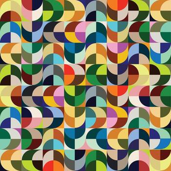 Retro geometric pattern, overlapping rectangles and semi circles color, Abstract mid century design vector