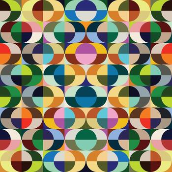 Geometric abstract pattern featuring retro inspired interlocking circles and rectangles in a vibrant color palette of blue, green, brown, and pink. vector