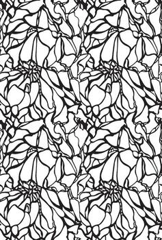 Abstract black and white repeating flower and leaf print, featuring large, stylized leaves intertwining across the surface, creating a dynamic, organic design. vector
