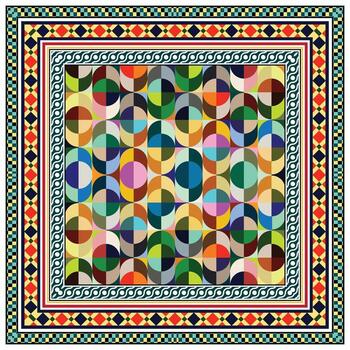 Abstract geometric scarf pattern featuring colorful interlocking shapes, including semi-circles, creating a modern and vibrant surface design. vector