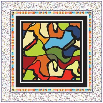 Abstract geometric design scarf, featuring vibrant colors in a wavy pattern, framed by intricate borders with playful motifs. vector