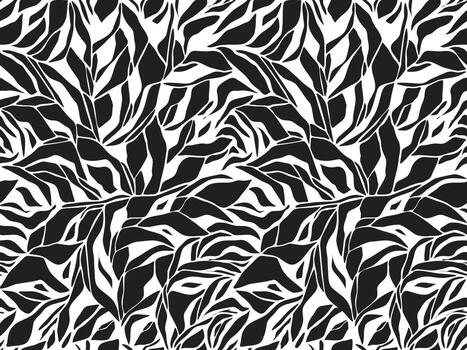 Abstract black and white repeating pattern featuring large, stylized leaves intertwining across the surface, creating a dynamic, organic design. vector