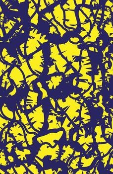 Abstract pattern featuring dark blue jagged lines and shapes against a bright yellow background, creating a dynamic and energetic design, repeating print design vector