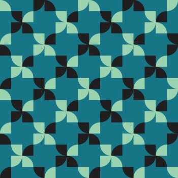 A repeating geometric pattern featuring teal, mint green, and black abstract shapes arranged in a visually striking design. vector