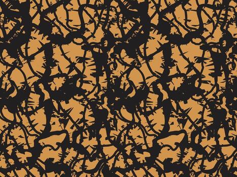 An abstract pattern featuring jagged black shapes intertwined on a warm orange background, creating a dynamic and chaotic design repeating print vector