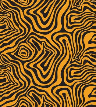 A vibrant abstract pattern featuring wavy orange and black lines creating a dynamic, textured design reminiscent of natural forms repeating print vector