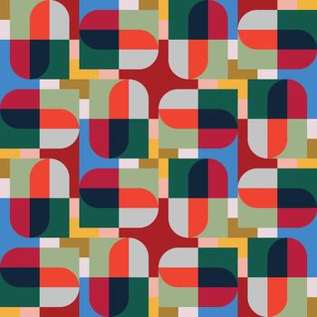 colorful interlocking shapes, including rectangles and semi-circles, creating a modern and vibrant design, Abstract geometric repeat pattern vector