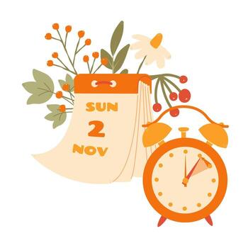 Fall Back in USA and Canada 2025, change clock back one hour, Daylight Saving Time Ends web reminder banner in flat style. Clocks with arrow hand turning back an hour. Flat aesthetic web banner. vector