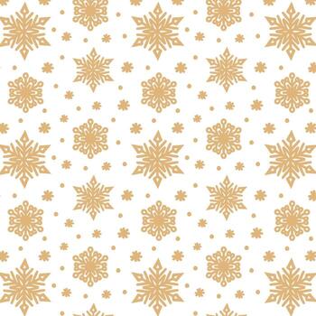 A pattern of golden hand-drawn snowflakes with tiny festive confetti on a white background. Winter festive design for Christmas and New Year. vector