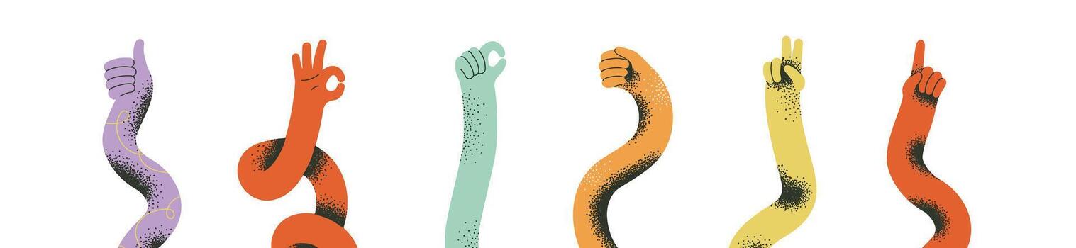 Set of flexible cartoons making gestures with index finger, pointing, victory, fist and OK icon. Retro cartoon illustration in factory style. vector