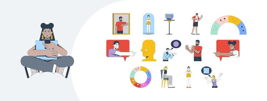 Woman using a tablet with digital icons vector