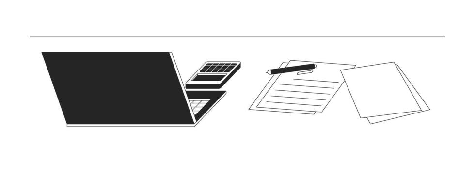 Office desk with laptop, calculator and paperwork 2D line object. Tax work, accounting. Workspace setup with pen, documents isolated clipart ink outline item. Monochrome spot illustration vector