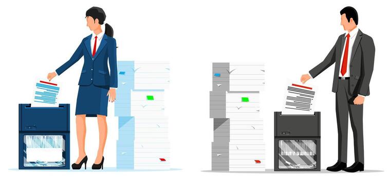 Workers shredding documents in office vector