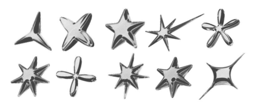Y2k 3d chrome halftone star shape retro abstract elements illustration set vector
