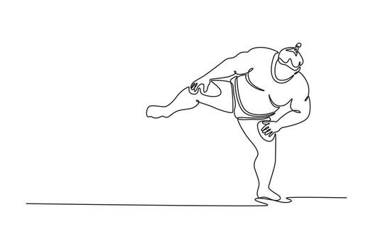 soltero uno línea dibujo grande sumo luchador equilibrio en uno pierna con el otro elevado alto en ritualista shiko movimienot, inesperado balance. continuo línea dibujar diseño gráfico ilustración vector