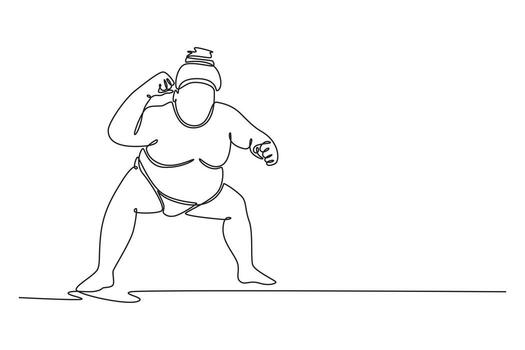 soltero uno línea dibujo grande sumo luchador en un profundo, ancho, comenzando postura con apretado puños, explosivo poder y atención antes de partido comienza continuo línea dibujar diseño gráfico ilustración vector