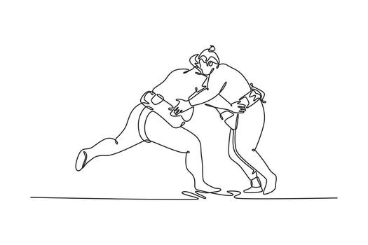continuo uno línea dibujo dos masivo sumo luchadores bloqueado en un bajo, profundo luchar, ferozmente emprendedor en contra cada otro para apalancamiento en el anillo. soltero línea dibujar diseño gráfico ilustración vector