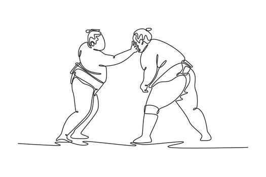 soltero continuo línea dibujo dos grande sumo luchadores en espacios cerrados lucha, con uno entregando con las manos abiertas Huelga a el otros rostro. dinámica uno línea dibujar gráfico diseño ilustración vector