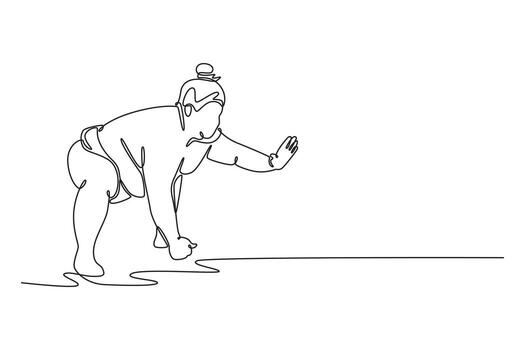 Single continuous line drawing large Sumo wrestler in crouched position, one hand on ground and other extended, intense readiness of pre-charge stance. One line draw graphic design illustration vector