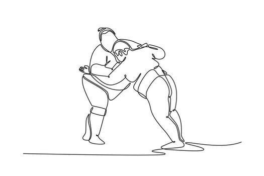 continuo uno línea dibujo dos sumo luchadores bloqueado en bajo, Inclinado hacia adelante luchar, ferozmente emprendedor en contra cada otro para controlar de el cinturón. soltero línea dibujar diseño gráfico ilustración vector