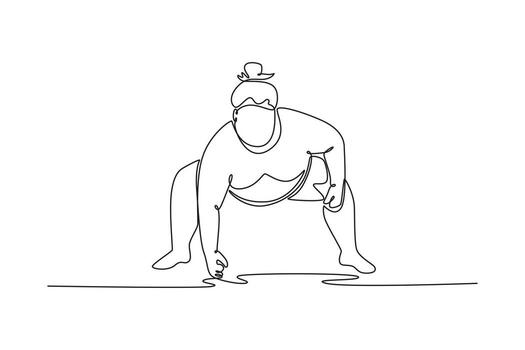 Single one line drawing large Sumo wrestler in low, crouched starting position, hand touching the ground, intense focus just before the charge. Continuous line draw design graphic illustration vector