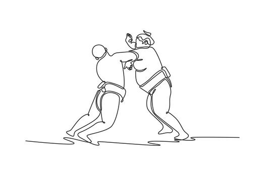 continuo uno línea dibujo dos masivo sumo luchadores bloqueado en lucha, con uno entregando un fuerte, mano abierta Huelga a el del oponente cabeza. soltero línea dibujar diseño gráfico ilustración vector