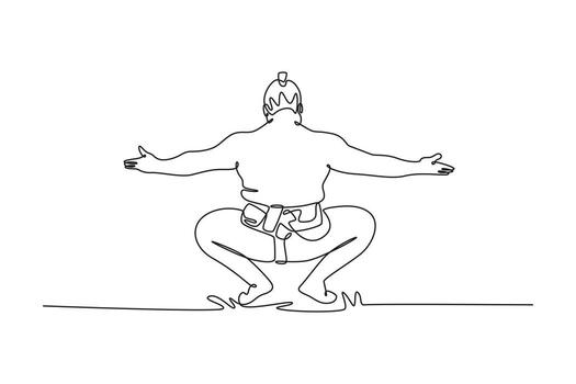 continuo uno línea dibujo sumo luchador desde posterior en bajo, ritualista shikiri ponerse en cuclillas, con brazos extendido ancho, exhibiendo escarpado masa y postura. soltero línea dibujar diseño gráfico ilustración vector