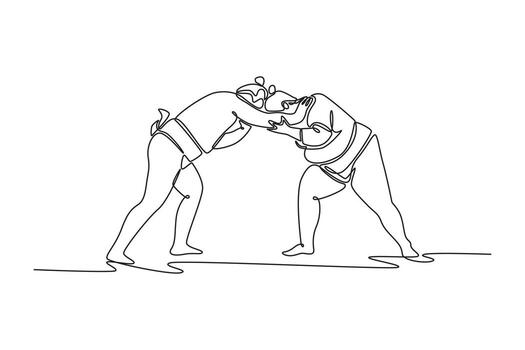 continuo uno línea dibujo dos grande sumo luchadores bloqueado en un bajo, doblar luchar, exhibiendo el inmenso De frente fuerza inmediatamente después choque. soltero línea dibujar diseño gráfico ilustración vector