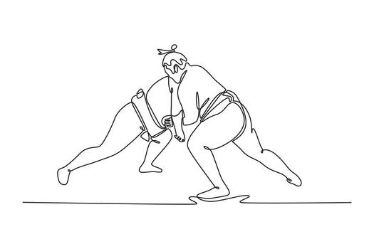 continuo uno línea dibujo dos masivo sumo luchadores bloqueado en un bajo, Inclinado hacia adelante luchar, poderoso inicial choque y dificil para aprovechar. soltero línea dibujar diseño gráfico ilustración vector