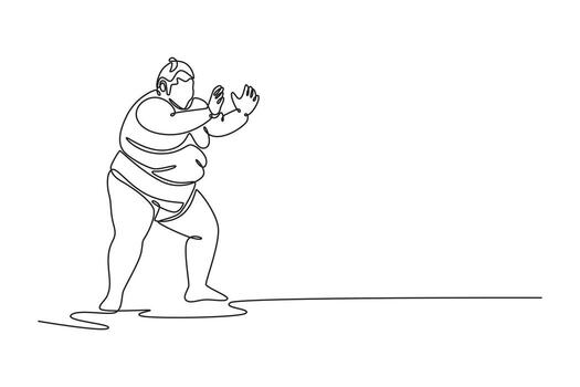 soltero continuo línea dibujo grande sumo luchador en un estable, defensivo postura con ambos manos aumentó, Listo a recibir o iniciado empujar en un fósforo. uno línea dibujar gráfico diseño ilustración vector